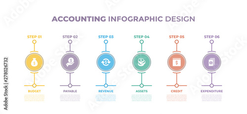 Modern design elements for Accounting concept Multicolor infographics.Timeline with 6 steps, options, Circles. Vector template