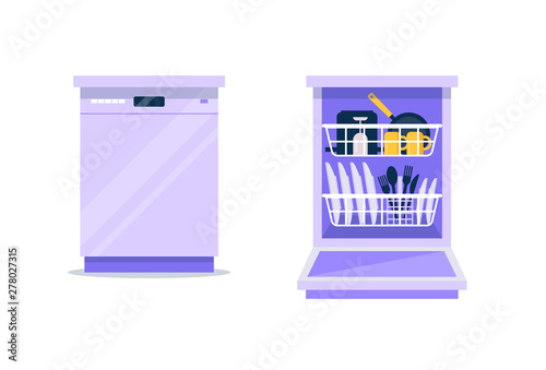 Dishwasher flat vector illustration. Closed and opened dishwasher machine with clean dishes in it, plates, cutlery, cups, pan. Template for household, kitchen.