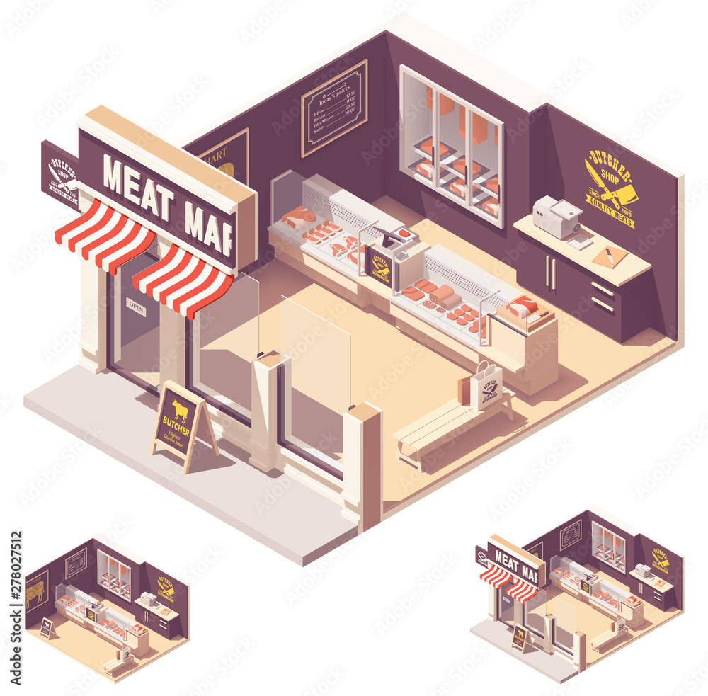 Vector isometric butcher shop interior Vector isometric butcher shop interior