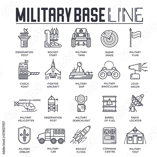 Set of military base thin line icons, pictograms. photo