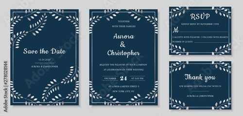 Wedding invitation collection with save the date, rsvp, menu, table number and name card vector templates. Elegant invitations set with silver floral motives and marine blue background.
