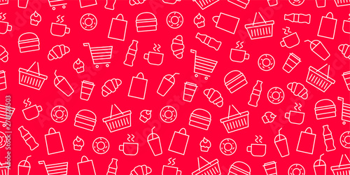 Vector supermarket shop fast food pattern. Food and goods seamless red background