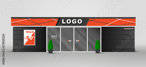 Supermarket building street view, front shop on the gas station urban store retail supermarket exterior vector image with place for sign and advertising poster with sale