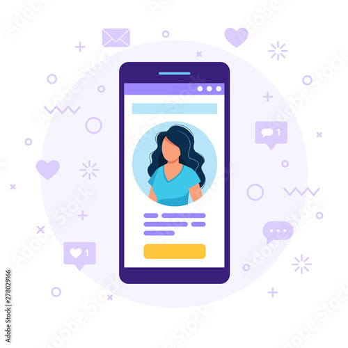 Social media profile. Smartphone with a woman avatar, text and button. Differents icons with likes and messages. Vector illustration in flat style