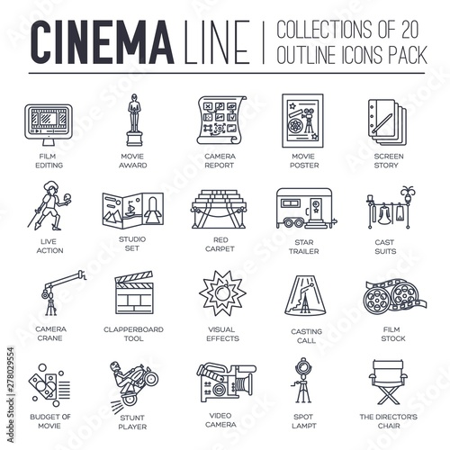 Set of cinema, film production thin line icons.