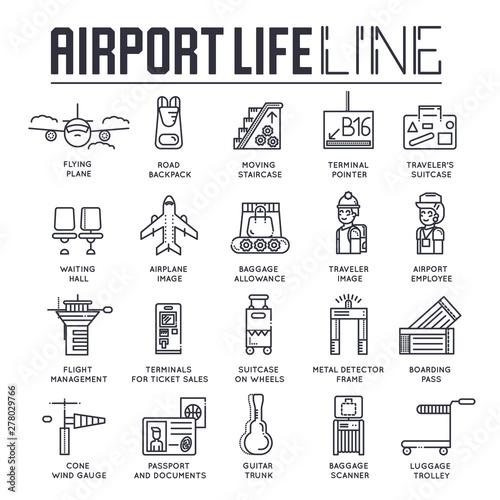 Set of business and tourist air trips thin line icons.