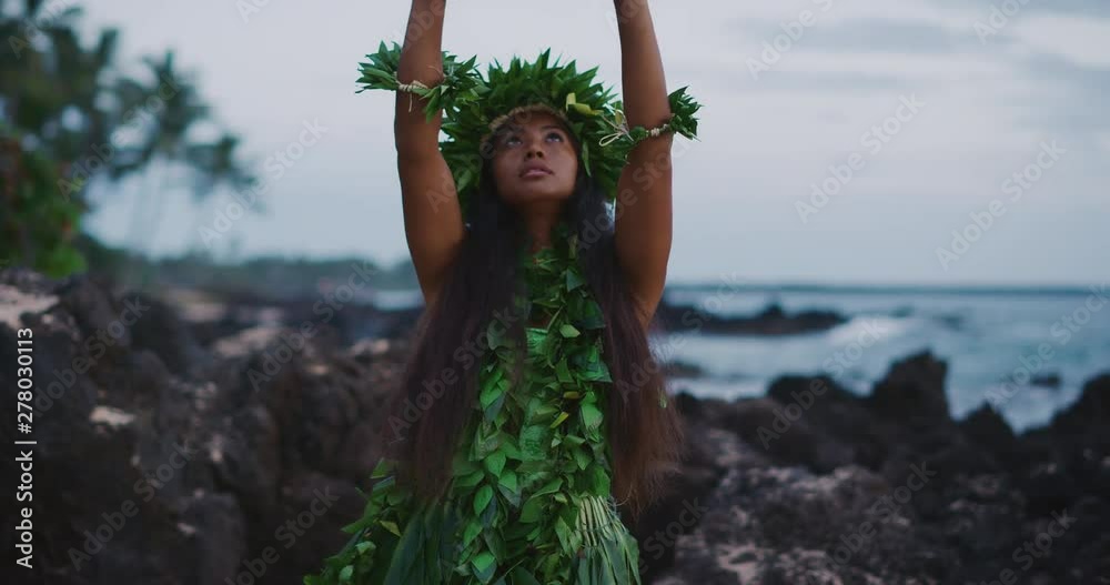 Traditional Hawaiian Hula Dancing At Sunset In Slow Motion Woman