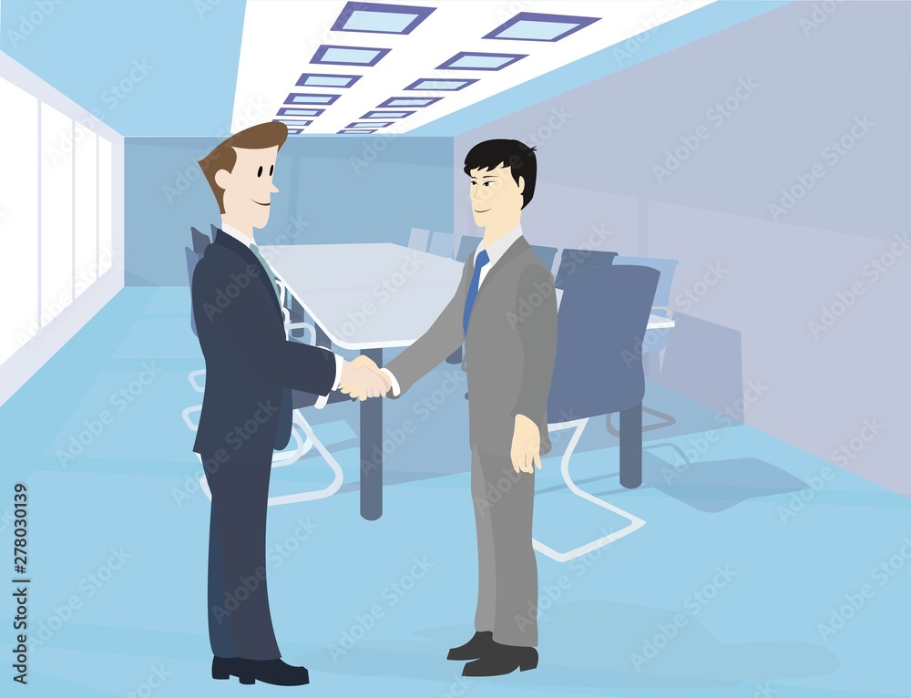 Two men of Asian and Europeans shake hands each other.Meeting room .Vector image.