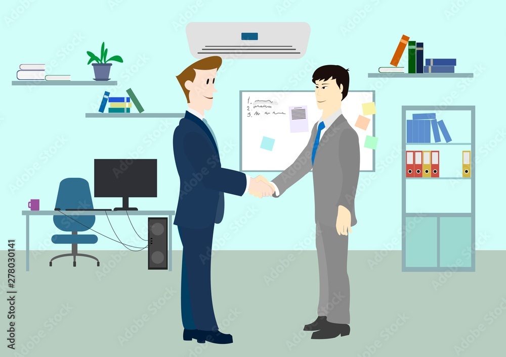 Two men of Asian and Europeans shake hands each other.Office,room for work .Vector image.