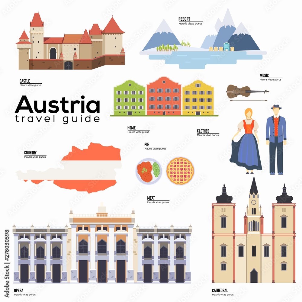 Austria travel guide template. Set of austrian landmarks.