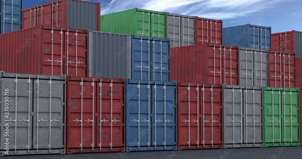 Camera moving slowly along multi-colored cargo shipping containers, seamless loop
