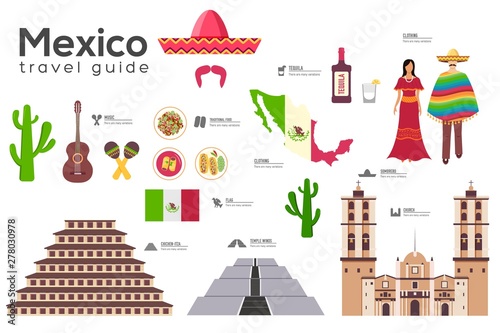 Mexico travel guide template. Set of mexicana landmarks.
