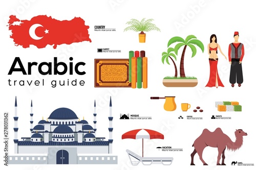Arabic travel guide template. Set of turkish landmarks.