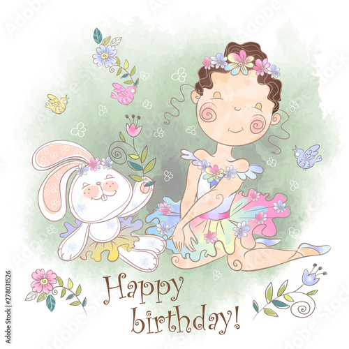 Birthday card. A little girl with a Bunny. Vector.