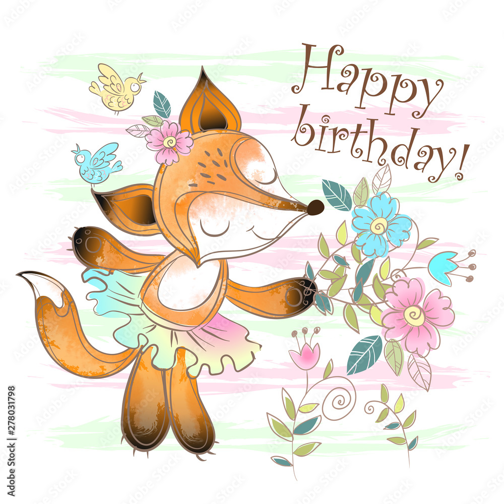 Birthday card with a cute Fox with flowers. Vector Stock Vector | Adobe ...