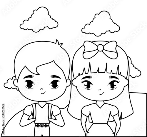 cute little students in landscape scene
