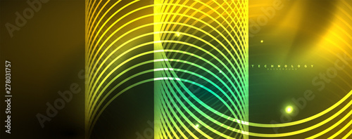 Shiny neon lines template - northern lights glowing blur lines. Futuristic style glow neon 80s disco club or night party techno template