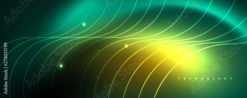 Shiny neon lines template - northern lights glowing blur lines. Futuristic style glow neon 80s disco club or night party techno template