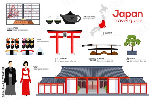 Japan travel guide template. Set of japanese landmarks.