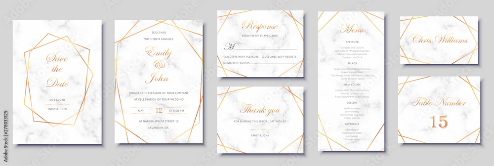 Elegant wedding invitations set with golden geometric frames and gray marble texture. Luxury invitation collection with save the date, rsvp, menu, table number and name card vector templates. - obrazy, fototapety, plakaty 