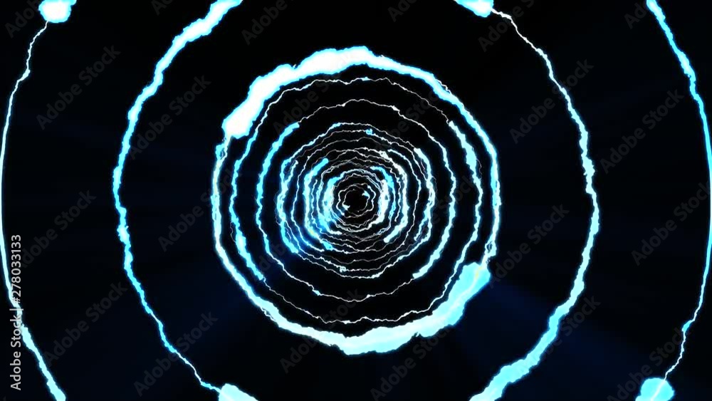 Lightning bolts round tunnel flight on black background animation new ...