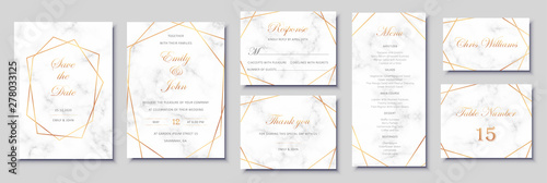 Elegant wedding invitations set with golden geometric frames and gray marble texture. Luxury invitation collection with save the date, rsvp, menu, table number and name card vector templates. photo