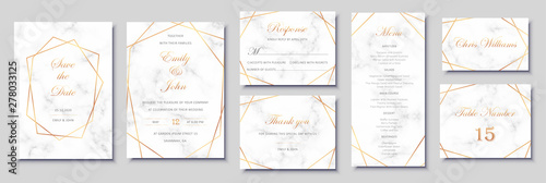 Elegant wedding invitations set with golden geometric frames and gray marble texture. Luxury invitation collection with save the date, rsvp, menu, table number and name card vector templates.