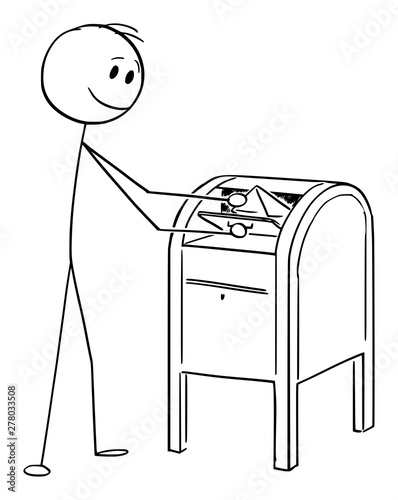 Vector cartoon stick figure drawing conceptual illustration of man dropping letter or envelope in the mail or post box.