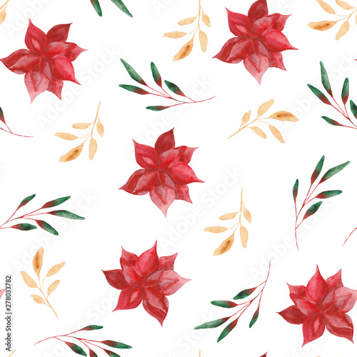  Watercolor pattern with Christmas leaves and flowers.