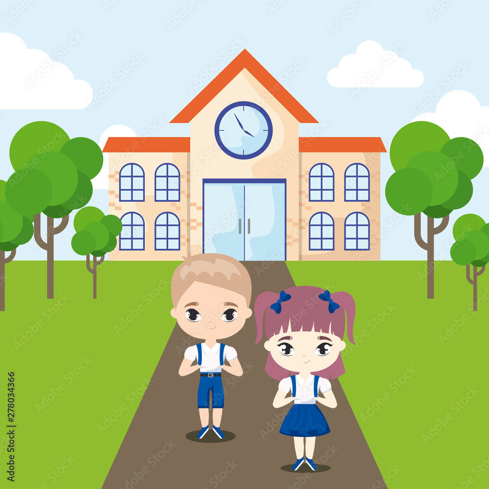 cute little students front of school building