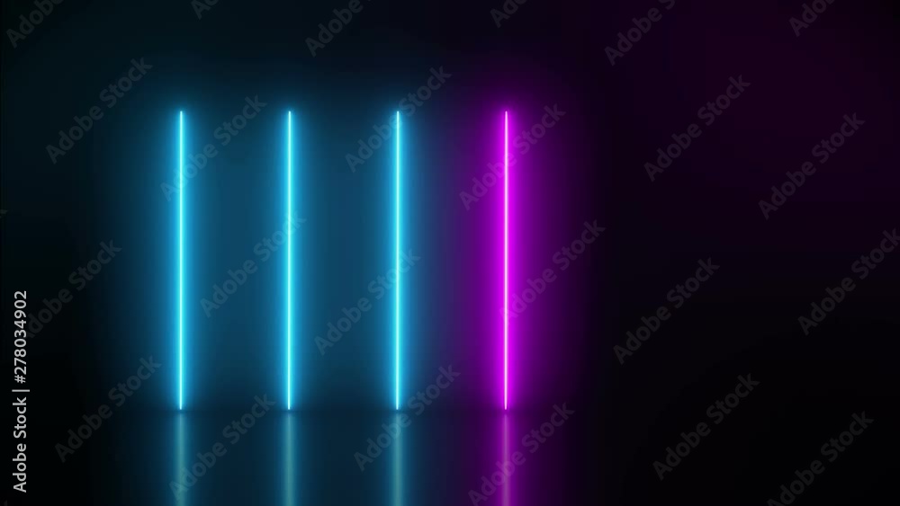 Video animation of glowing vertical neon lines in blue and magenta on reflecting floor. - Abstract background - laser show Video animation of glowing vertical neon lines in blue and magenta on reflecting floor. - Abstract background - laser show