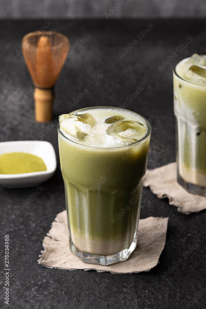 Ice green tea latte food background Ice green tea latte food background