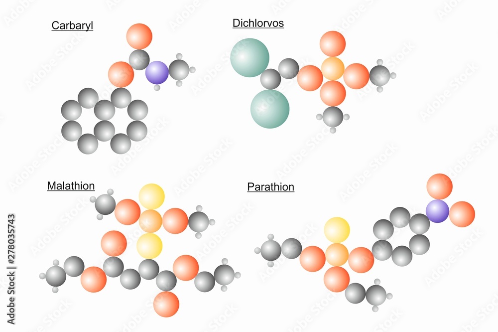 The molecule structure of different pesticide molecules.