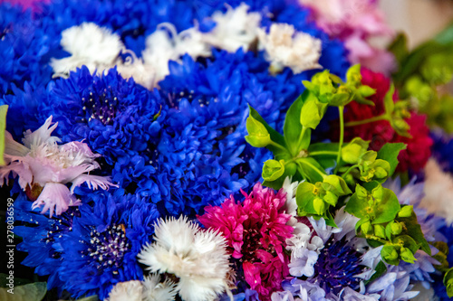 Bouquet of flowers. Bright colorful flowers in summer bouquet closeup. Blue, violet, pink and white petals of carnations. Fresh blossoms closeup. Floral background. Blooming flower textures. 