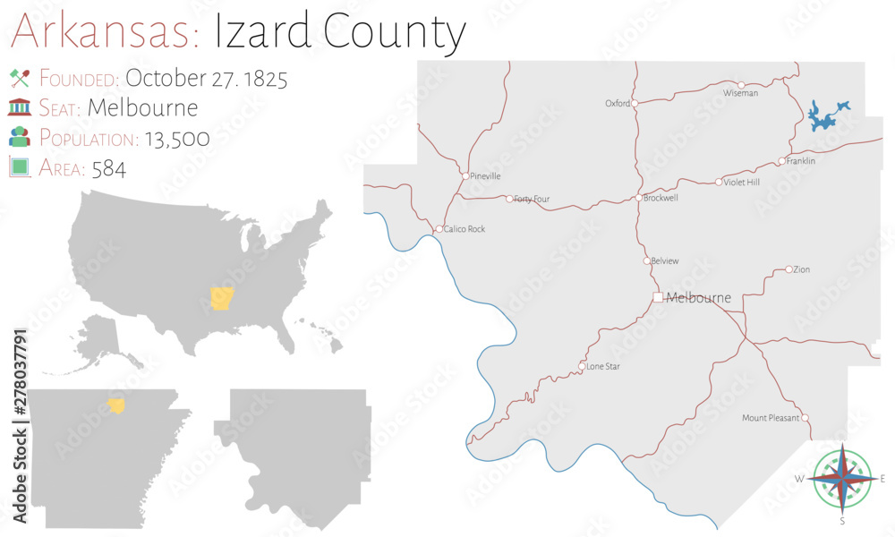 Fototapeta premium Large and detailed map of Izard county in Arkansas, USA