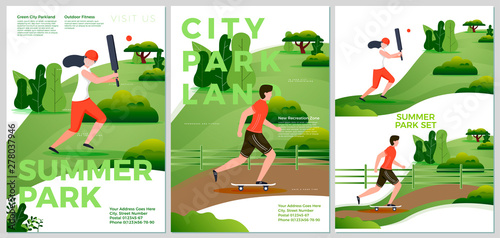 Vector summer posters set - natural parkland activities. Forests, trees and hills on background. Print template with place for your text.