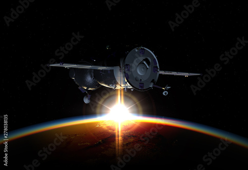Spacecraft Orbiting Earth. 3D Illustration.