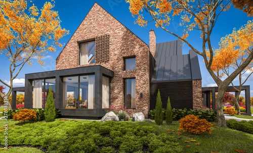 3d rendering of modern cozy clinker house on the ponds with garage and pool for sale or rent with beautiful landscaping on background. Clear sunny autumn day with golden leafs anywhere.
