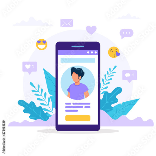 Social media profile. Smartphone with a man avatar, text and button. Differents icons with likes and messages. Vector illustration in flat style