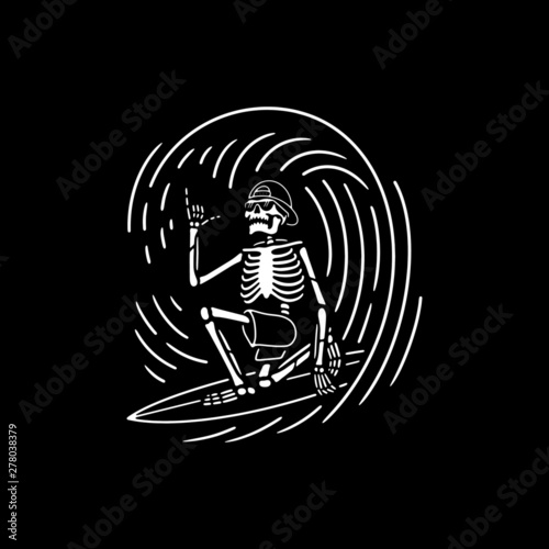 SKELETON SURFER ON THE WAVE WHITE BLACK BACKGROUND