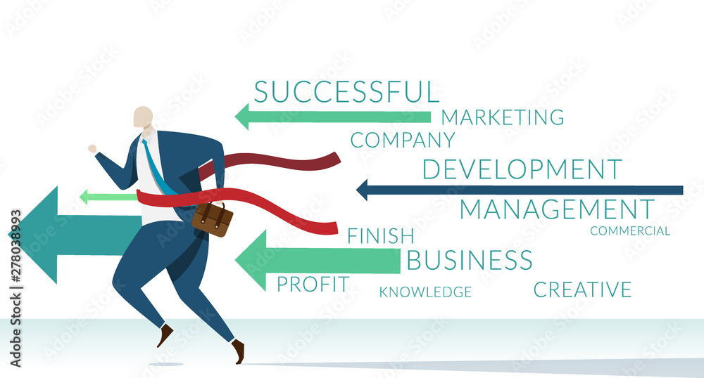 businessman running to finish line with keyword of success business components. business with success management concept businessman running to finish line with keyword of success business components. business with success management concept