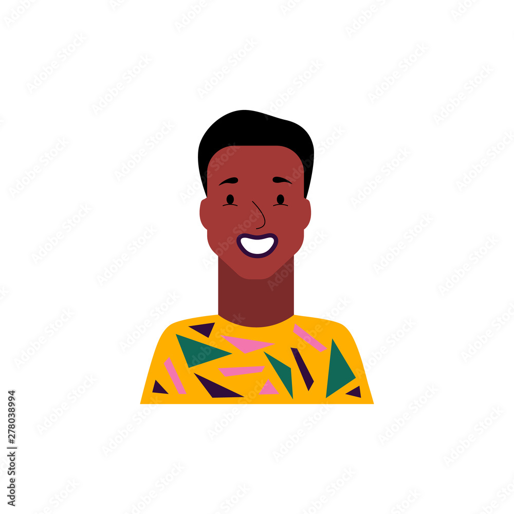Сute avatar of sun-tanned man in a fun t-shirt on white background. Icon of simple character with happy smile.
