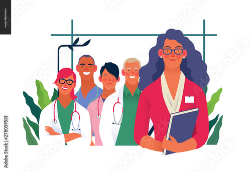 Medical insurance illustration -hospital administrator -modern flat vector concept digital illustration - a female hospital administrator with a team of doctos concept, medical office or laboratory