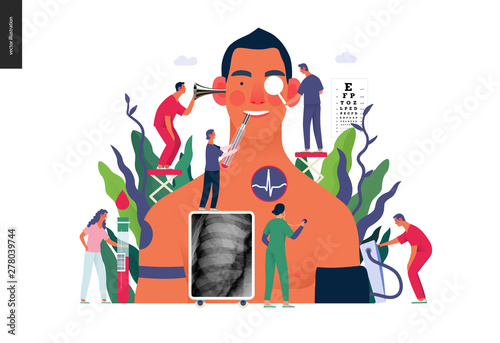 Annual health checkups -medical insurance illustration -modern flat vector concept digital illustration -doctors examing male patient checking hearing, vision, heart, lungs, blood pressure, blood test