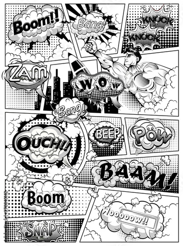 Black and white comic book page divided by lines with speech bubbles, rocket, superhero and sounds effect. Vector illustration
