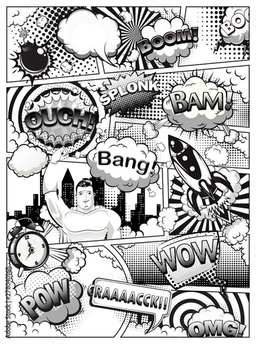 Black and white comic book page divided by lines with speech bubbles, rocket, superhero and sounds effect. Vector illustration