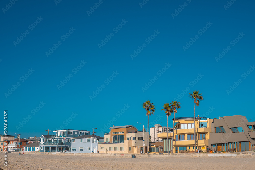 Good life concept. Houses and palms near beach on sunny day with blue sky. Copy space, place for text