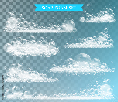 Soap foam with bubbles isolated vector illustration on transparent background