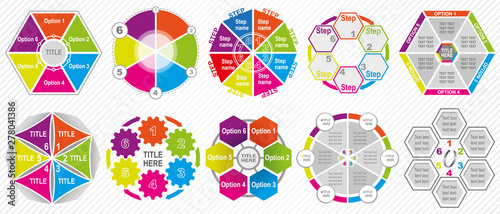 Set of color diagrams and infographic templates. Color pie charts, frames for headings and text.