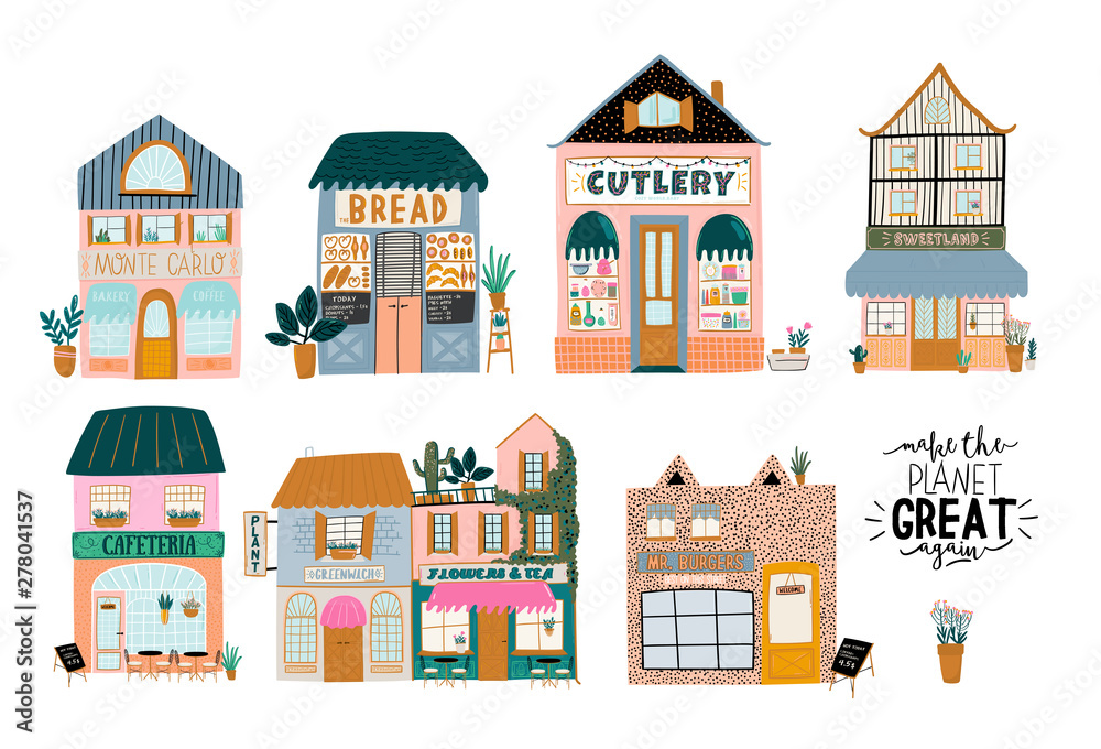 Collection of cute house, shop, store, cafe and restaurant isolated on white background. Flat vector illustration in trendy scandinavian style. European city